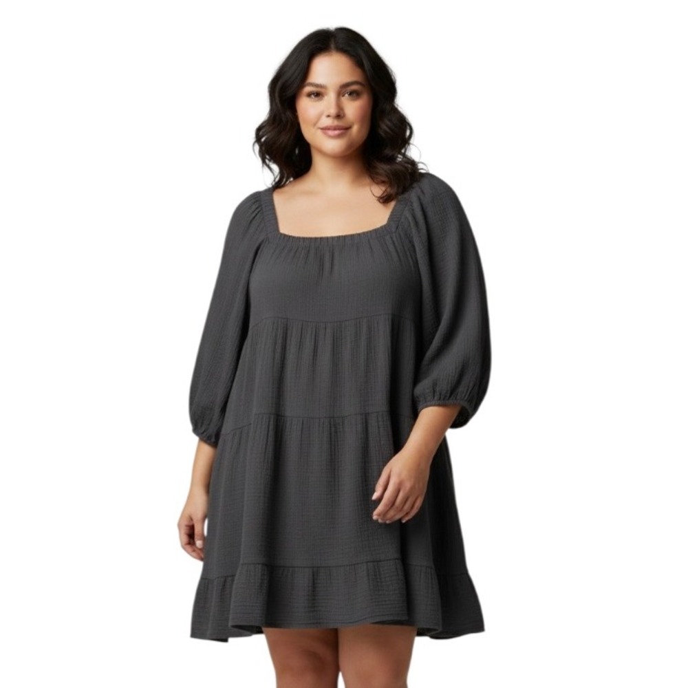 ODDI Dark Gray CRINKLE GAUZE Off-The-Shoulders TIERED PEASANT Boho DRESS 3XL/3X